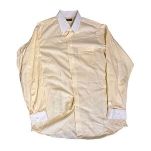 Perlis Button Down Dress Shirt Mens 2XL Yellow White Contrast Collar Cuffs